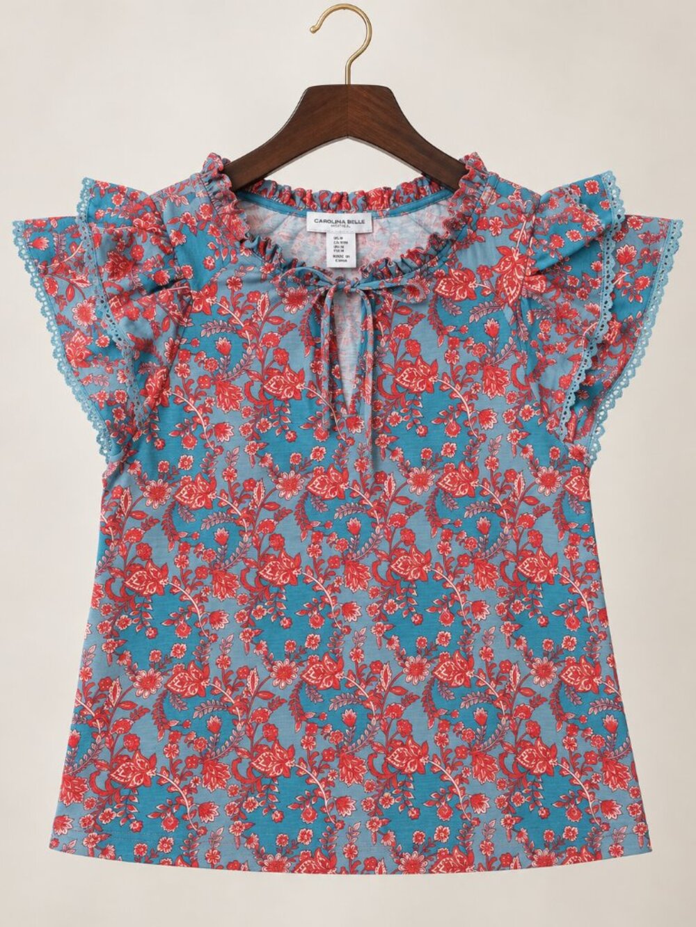 Floral Cotton Ruffle Sleeve M Turquoise Red Boho Top Cottagecore